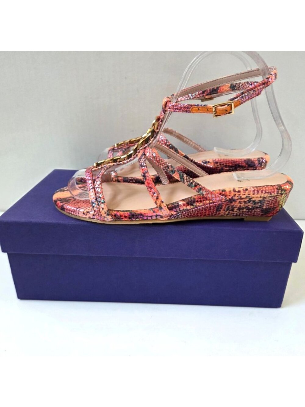 Stuart Weitzman Sandals 7 Pink Melon Tiffy Chain Trim Strappy Leather Wedge NEW